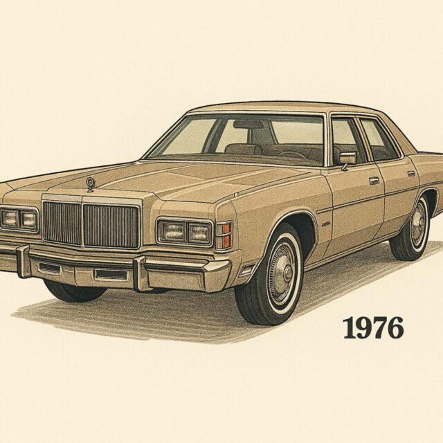 1976年式クライスラー・ニューヨーカーのデジタルイラスト。ベージュのボディにクロームグリルと角型ヘッドライトが特徴的なフロントデザイン。Electronic Lean-Burn System（ELBS）初搭載モデルとして知られるクラシックアメリカンセダン。