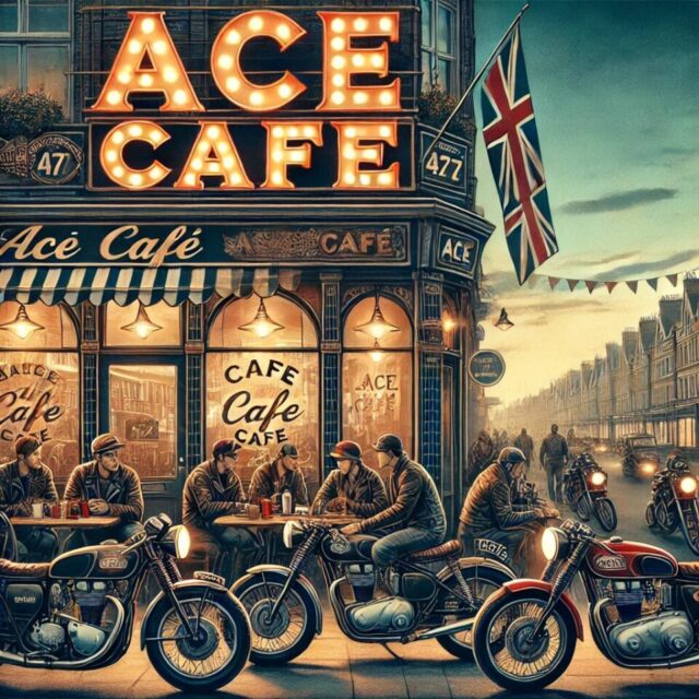 ロンドン Ace Café | 伝説のバイカー聖地 | ヴィンテージカフェレーサーとライダーが集うクラシックバイクカフェ | 夕暮れに輝くネオンライトとレトロな外観 | イギリスのモーターカルチャーとカフェレーサースタイルの象徴
