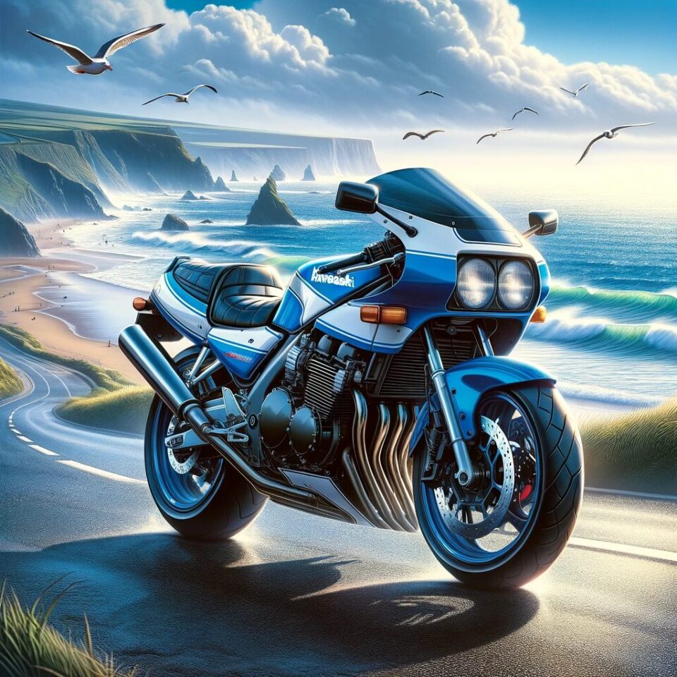 カワサキ GPZ900Rの精密なイラスト。『トップガン』の伝説のバイクが、青と白のカラーリングで海沿いのワインディングロードを疾走。背景には青い海と打ち寄せる波、空にはカモメが飛び、爽快感とスピード感が際立つ。スーパースポーツのエアロダイナミクスと80年代のバイクデザインの魅力を表現したリアルなビジュアル。