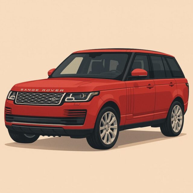 赤い第四世代レンジローバー（L405・2013〜2021年モデル）を右前方から描いたフラットなベクターイラスト。ハニカムグリル、LEDヘッドライト、マルチスポークホイールなどのディテールが丁寧に描写され、黒とクロームのアクセントが高級感を引き立てている。背景はソフトなベージュグラデーションで、車体の存在感を強調している。