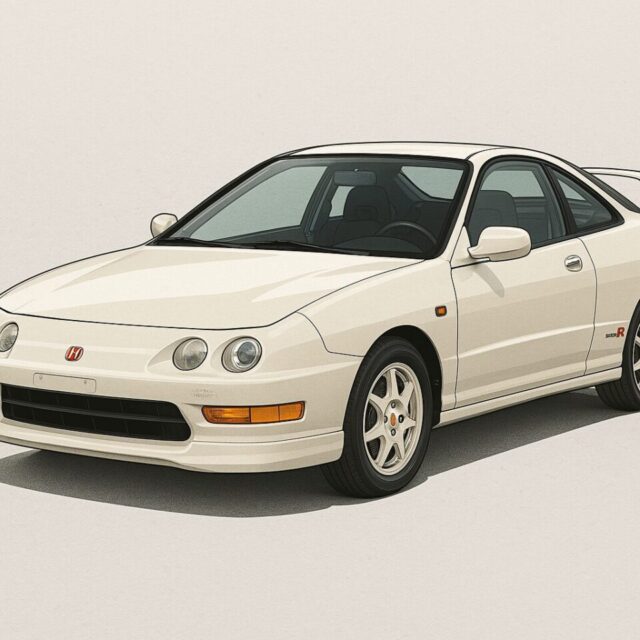 1996年以降のホンダ・インテグラ（DC2型）の白いスポーツクーペのイラスト。左前方からの斜めアングルで描かれ、丸目4灯ヘッドライト、リアウィング、黒のトリム、純正ホイールが特徴的なデザイン