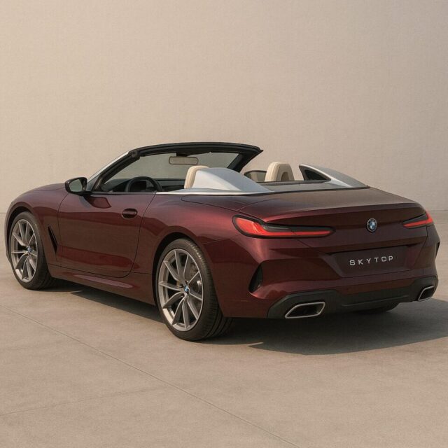 BMWの限定モデル「Skytopコンセプトカー」を後方三分割角度から描いた高解像度デジタルイラスト。深いバーガンディカラーのボディと、流れるようなリアライン、開放感あふれるタルガトップデザインが際立ち、柔らかな光の中で高級感とスポーティさが融合した美しい一枚。