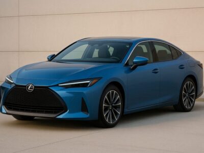 2026年登場予定の新型Lexus ESの電動セダン。メタリックブルーのボディが特徴で、シャープなLEDヘッドライトとスピンドルグリルを備え、コンクリート壁を背景に3/4アングルで撮影されたフォトリアルなビジュアル。