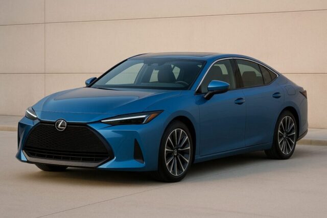 2026年登場予定の新型Lexus ESの電動セダン。メタリックブルーのボディが特徴で、シャープなLEDヘッドライトとスピンドルグリルを備え、コンクリート壁を背景に3/4アングルで撮影されたフォトリアルなビジュアル。