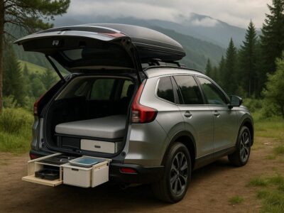 山間部のキャンプ場で後部ハッチを開けたシルバーのHonda CR-V Dream Podが、EGOE Nestboard 650のキャンピングキット（ベッド・シンク・収納付き）を搭載して自然の中に停車している様子。霧がかる森林とミストの山々を背景に、セラミックコーティングによる艶やかな車体が美しく映える。