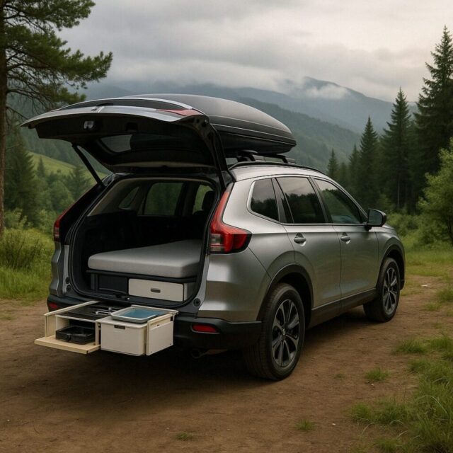 山間部のキャンプ場で後部ハッチを開けたシルバーのHonda CR-V Dream Podが、EGOE Nestboard 650のキャンピングキット（ベッド・シンク・収納付き）を搭載して自然の中に停車している様子。霧がかる森林とミストの山々を背景に、セラミックコーティングによる艶やかな車体が美しく映える。
