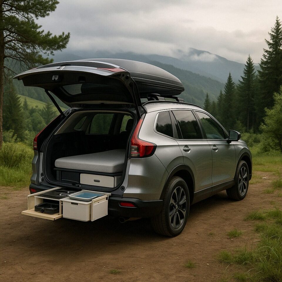 山間部のキャンプ場で後部ハッチを開けたシルバーのHonda CR-V Dream Podが、EGOE Nestboard 650のキャンピングキット（ベッド・シンク・収納付き）を搭載して自然の中に停車している様子。霧がかる森林とミストの山々を背景に、セラミックコーティングによる艶やかな車体が美しく映える。