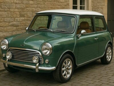 David Brown Automotiveによって美しく再構築されたクラシックMiniが、セラミックコーティングによって深い艶を放ち、英国の石畳の街並みに映える情景。レザー内装やクロームディテールも描かれ、ヴィンテージカーの魅力と最新技術の融合を象徴するビジュアル。
