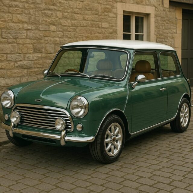 David Brown Automotiveによって美しく再構築されたクラシックMiniが、セラミックコーティングによって深い艶を放ち、英国の石畳の街並みに映える情景。レザー内装やクロームディテールも描かれ、ヴィンテージカーの魅力と最新技術の融合を象徴するビジュアル。