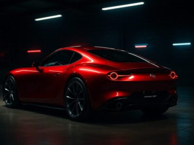 夜のガレージでライトに照らされるMazda Iconic SPのフォトリアルなイラスト。深みのあるソウルレッドのボディがセラミックコーティングで艶やかに輝き、ロータリー復活の象徴として静かに存在感を放っている。