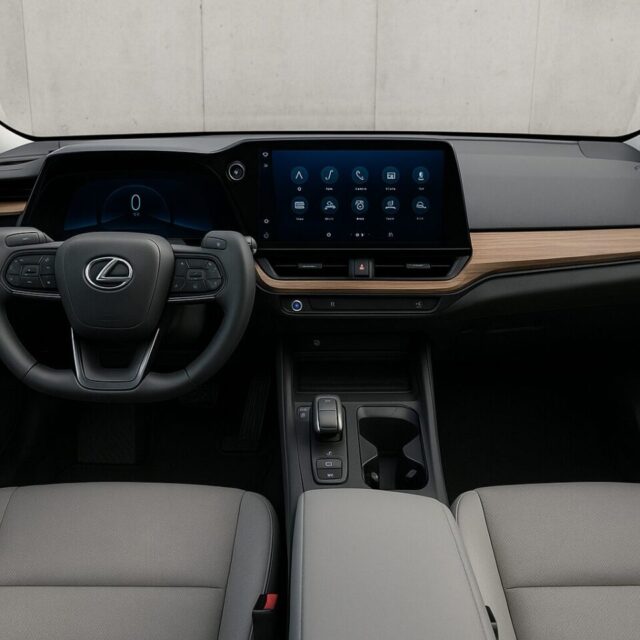 2026年モデルの新型Lexus ESのインテリア。運転席からの視点で撮影された高解像度ビジュアルで、ミニマルな黒とグレーを基調としたデザインに、木目調のアクセントが映える。大型タッチスクリーンとシンプルなボタンレイアウトが特徴。