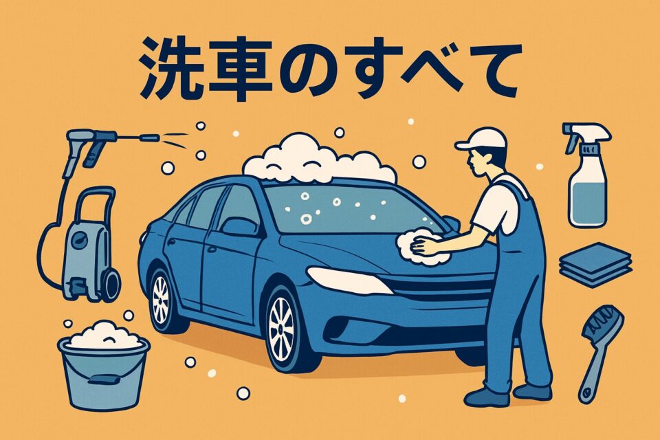 プロの洗車に使うツールと手順をわかりやすく描いた、日本語タイトル入りの高品質イラスト。高圧洗浄機・バケツ・泡だらけの青いセダン・作業員・マイクロファイバークロスなどが、洗車ブログやカーケア記事に最適なデザインで配置されているビジュアル素材。