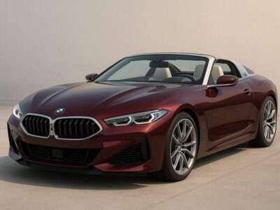 BMWの限定モデル「Skytopコンセプトカー」を描いた高解像度デジタルイラスト。深みのあるバーガンディカラーのボディが美しく輝き、タルガトップデザインと精緻なフロントグリル、鋭いLEDヘッドライトが特徴的な一台が、滑らかなコンクリート上に堂々と佇むシーン。