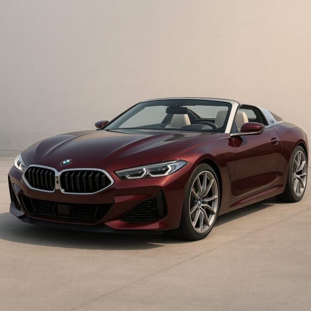 BMWの限定モデル「Skytopコンセプトカー」を描いた高解像度デジタルイラスト。深みのあるバーガンディカラーのボディが美しく輝き、タルガトップデザインと精緻なフロントグリル、鋭いLEDヘッドライトが特徴的な一台が、滑らかなコンクリート上に堂々と佇むシーン。