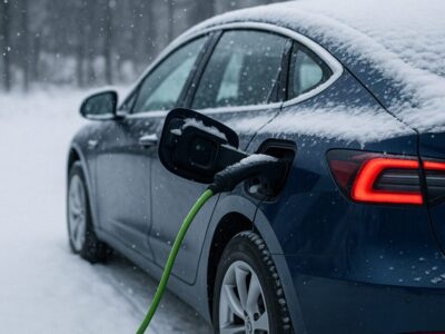 雪が降る寒冷地で電気自動車（EV）が充電中。リアの充電ポートに緑色のケーブルが接続されており、ボディには雪が積もっている。寒冷地対応EVと高速充電技術を象徴する冬のシーン。