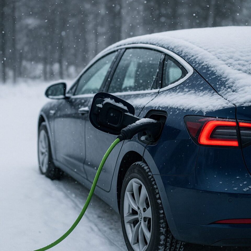 雪が降る寒冷地で電気自動車（EV）が充電中。リアの充電ポートに緑色のケーブルが接続されており、ボディには雪が積もっている。寒冷地対応EVと高速充電技術を象徴する冬のシーン。
