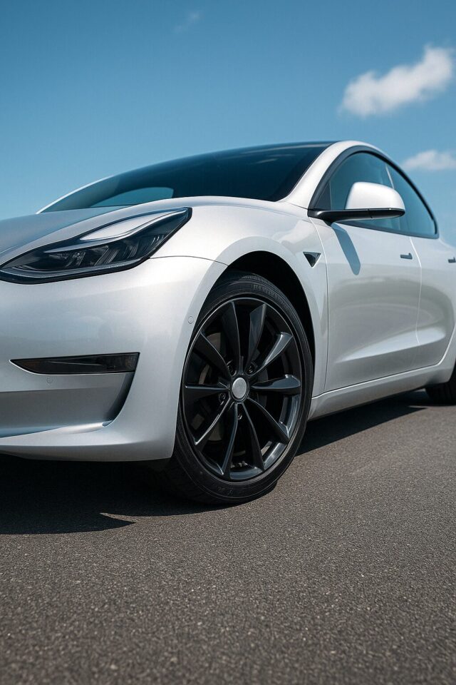 EV・PHEV車に装着された静音・低抵抗タイヤとホイールにセラミックコーティングが施された美しい足元の写真。電費効率と美観を両立する理想的なタイヤ選びのイメージ。