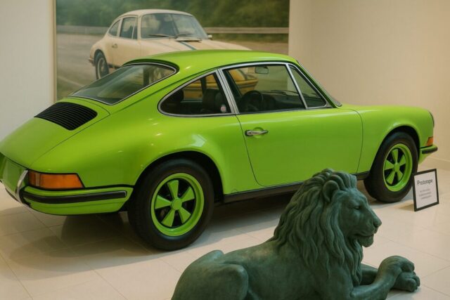 ライムグリーンのプロトタイプ911 B17が博物館内で展示されており、ボディサイドの伸びやかなフォルムと個性的なホイールデザインが際立っている。手前には重厚なライオン像が置かれ、背景にはクラシックポルシェの写真が飾られており、展示空間に重みと美的調和を与えている。