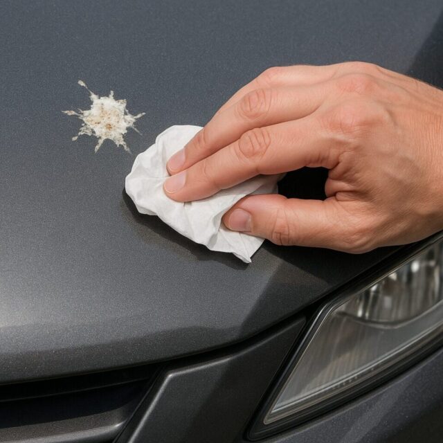 車のボンネットに付着した鳥フンを、乾いたティッシュでこすっている人の手のクローズアップ。