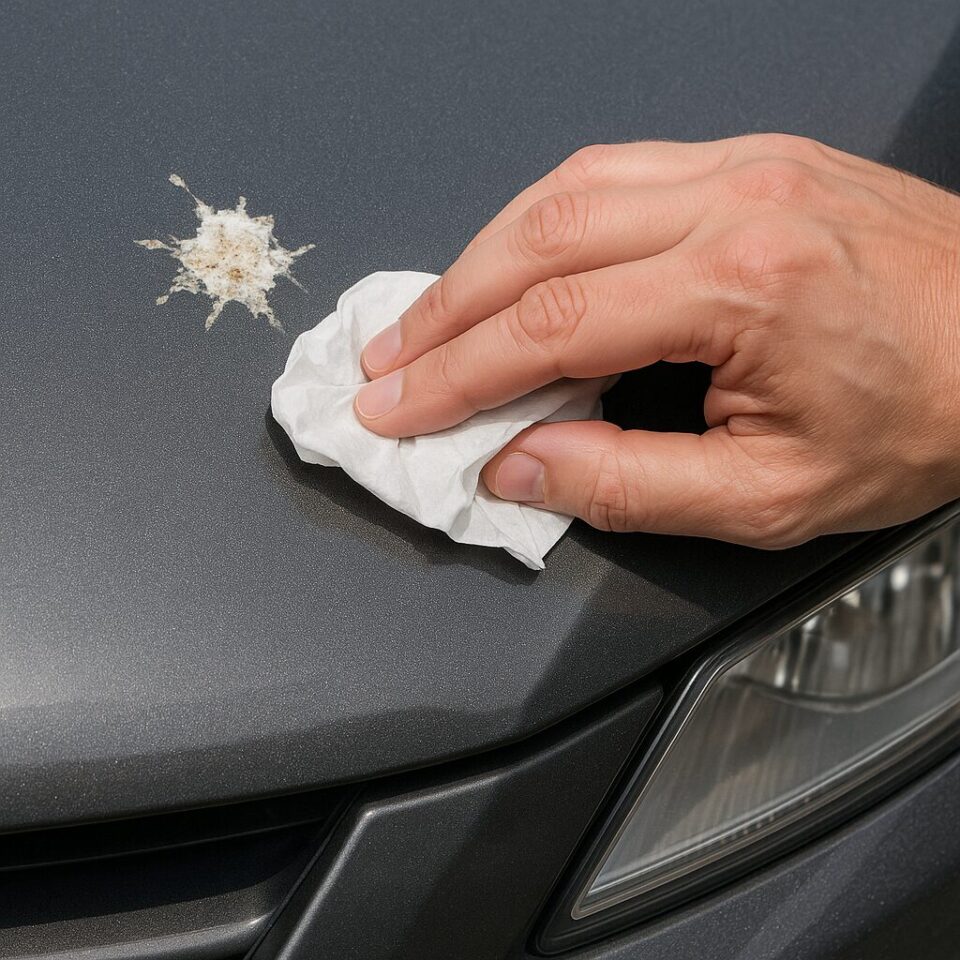 車のボンネットに付着した鳥フンを、乾いたティッシュでこすっている人の手のクローズアップ。