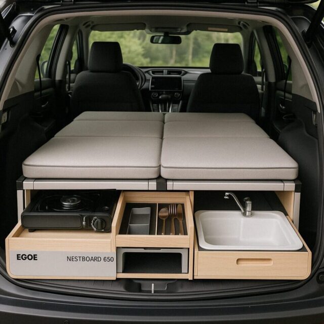 SUVの荷室にぴったり収まるEGOE Nestboard 650のキャンピングユニット。折りたたみ式ベッドの下に、カセットコンロ・カトラリー収納・シンクが一体化された木製のモジュールが搭載され、アウトドアでも快適な車中泊を実現している様子。