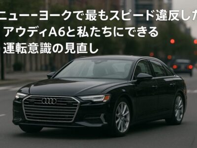 2023年式ブラックのアウディA6がニューヨークの市街地を走行している様子。曇天の空の下、スピード違反常習車として注目された車両を象徴するリアルなフォトスタイルのビジュアル。