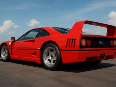 青空の下、アスファルトの上に停車した赤いフェラーリF40を後方から捉えたフォトリアルなイラスト。象徴的なリアウィングや丸型テールランプ、空力を意識した美しいボディラインが強調され、セラミックコーティングの艶やかな質感が際立つ構図。