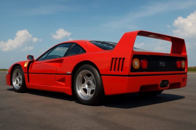 青空の下、アスファルトの上に停車した赤いフェラーリF40を後方から捉えたフォトリアルなイラスト。象徴的なリアウィングや丸型テールランプ、空力を意識した美しいボディラインが強調され、セラミックコーティングの艶やかな質感が際立つ構図。