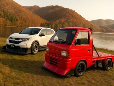 湖畔に駐車されたホワイトのホンダCR-Vとレッドのスズキキャリイ。秋の紅葉が映える山々と静かな湖が背景に広がり、2台のカスタムカーが存在感を放っている。