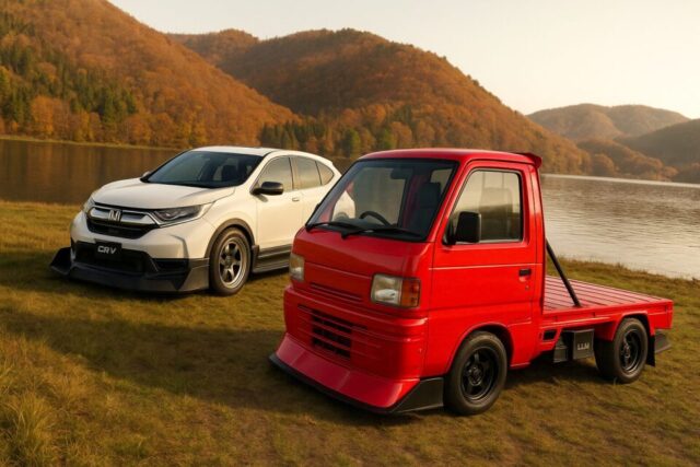 湖畔に駐車されたホワイトのホンダCR-Vとレッドのスズキキャリイ。秋の紅葉が映える山々と静かな湖が背景に広がり、2台のカスタムカーが存在感を放っている。