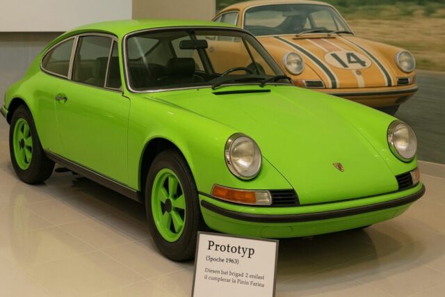 ピニンファリーナがデザインした世界に一台のプロトタイプ、ライムグリーンのポルシェ911 B17が博物館の白タイルの上に展示されている。車両の前には「Prototype」と書かれた解説プレートがあり、背後にはレース仕様のクラシックポルシェが描かれた大型写真が背景を飾っている。