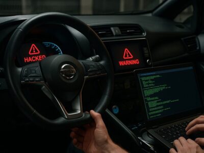 遠隔ハッキングによりステアリングが強制操作される2020年型日産リーフ。車内からは異常な動作が確認され、運転者に大きな不安を与えるシーン。