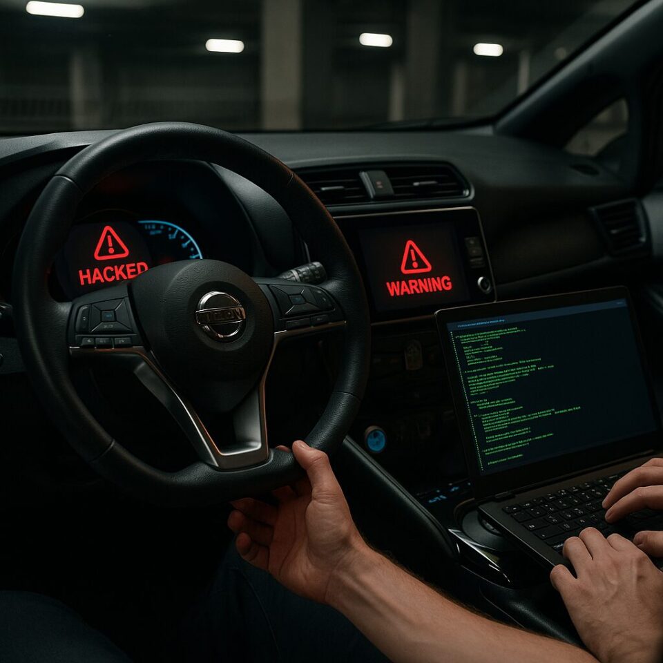 遠隔ハッキングによりステアリングが強制操作される2020年型日産リーフ。車内からは異常な動作が確認され、運転者に大きな不安を与えるシーン。