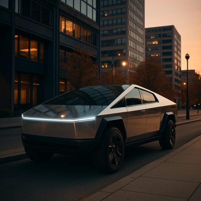 テスラ・サイバートラックが夕暮れの都市街道に停車している様子。反射するステンレスボディと直線的なデザインが未来感を強調し、背景にはオフィスビルや街灯が並ぶ。EVトラック特有の存在感とデザイン性を伝える視覚的イメージ。