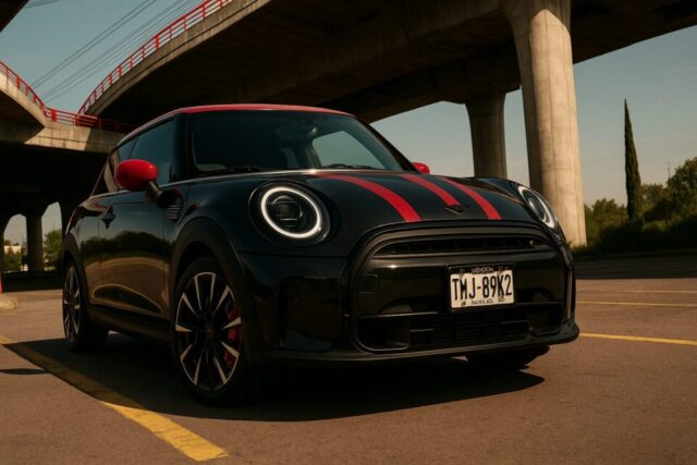 コンクリート高架下に停車するMINI John Cooper Worksハッチバック。艶やかなブラックボディにレッドのルーフとレーシングストライプが映え、スポーティなデザインが際立つ。背景には赤い手すりが印象的な高架橋と青空が広がる。