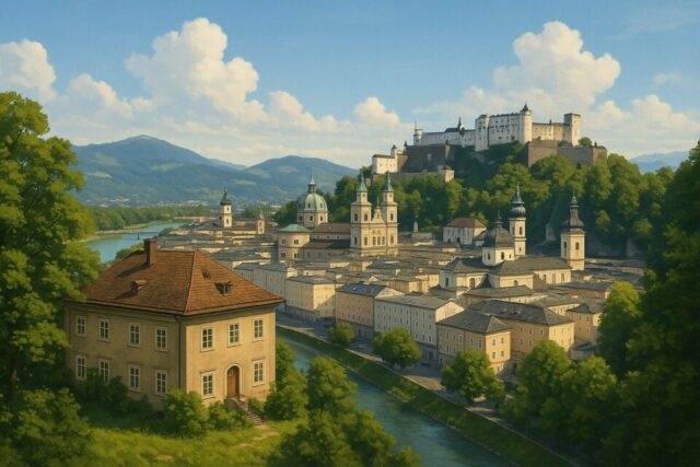 オーストリア・ザルツブルクのカプツィーナーベルクから眺めた市街地の風景。緑に囲まれた歴史的な邸宅と旧市街のバロック建築群、ホーエンザルツブルク城塞が調和し、美しい山並みと川が背景を彩っているフォトリアルなイラスト。