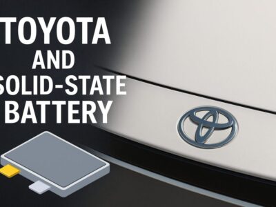 トヨタのエンブレムが輝く車のボンネットと、次世代の全固体電池を象徴するイラスト。全固体電池は従来のリチウムイオン電池に比べて高いエネルギー密度と急速充電性能を持ち、電気自動車（EV）の未来を切り開く技術として注目されています。
