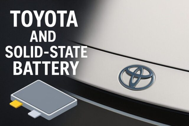 トヨタのエンブレムが輝く車のボンネットと、次世代の全固体電池を象徴するイラスト。全固体電池は従来のリチウムイオン電池に比べて高いエネルギー密度と急速充電性能を持ち、電気自動車（EV）の未来を切り開く技術として注目されています。