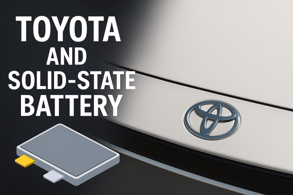 トヨタのエンブレムが輝く車のボンネットと、次世代の全固体電池を象徴するイラスト。全固体電池は従来のリチウムイオン電池に比べて高いエネルギー密度と急速充電性能を持ち、電気自動車（EV）の未来を切り開く技術として注目されています。