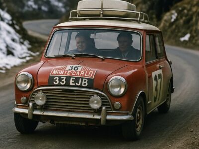 1964年のモンテカルロラリーを疾走するゼッケン「37」のクラシックミニクーパー。赤いボディに白いルーフが映えるレトロなラリーカーが、雪の残る山道を駆け抜けるシーン。観客が見守る中、運転席には真剣な表情のドライバーとコ・ドライバーが乗り込んでいる。
