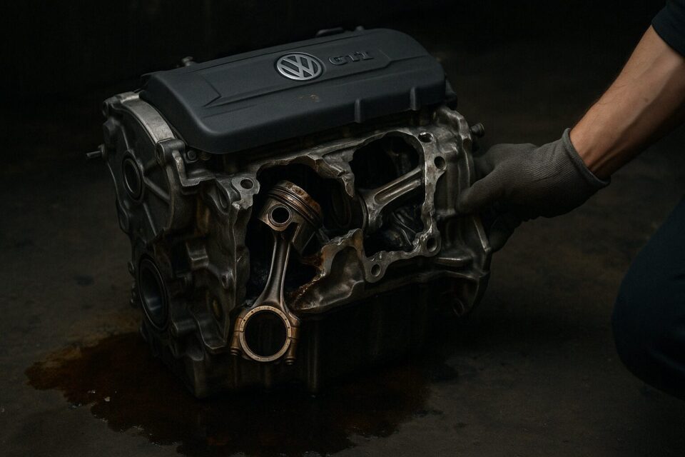 VW GTIのエンジンルームのBefore／After比較イラスト。正常な状態と、コンロッドが飛び出した破損後の状態を対比し、整備の重要性を訴えるビジュアル。