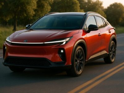 2026年型トヨタC-HRの鮮やかなレッドのボディが夕陽に照らされる中、カーブを駆け抜けるシーン。洗練されたデザインと力強いスタンスが際立ち、現代的でダイナミックな印象を与える。