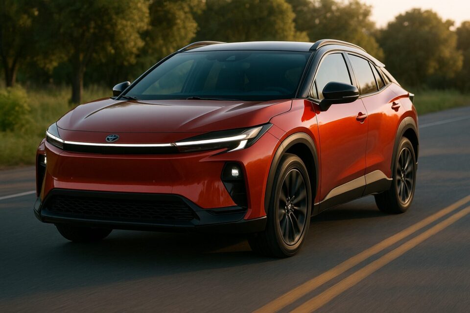 2026年型トヨタC-HRの鮮やかなレッドのボディが夕陽に照らされる中、カーブを駆け抜けるシーン。洗練されたデザインと力強いスタンスが際立ち、現代的でダイナミックな印象を与える。