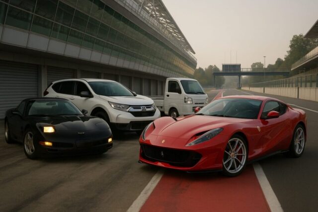 レーシングサーキットのピットレーンに並ぶ4台の車。手前に真紅のフェラーリ812スーパーファスト、左にブラックのシボレーコルベットC4、中央にホワイトのホンダCR-V、そして右奥に小型のホワイトのスズキキャリイ。