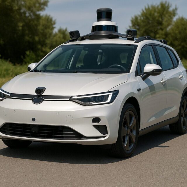 白い自動運転電気自動車（EV）が緑豊かな背景の道路に停車しているシーン。車の屋根には先進的なLiDARセンサーが搭載され、複数のカメラと超音波センサーが車体に組み込まれた、未来的でエアロダイナミクスに優れたデザインが特徴。