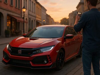 夕暮れ時、街角に停められた赤いHondaシビックタイプR（FK2型）。セラミックコーティングによる濡れたような艶が街並みを映し出し、オーナーがスマホで撮影している。