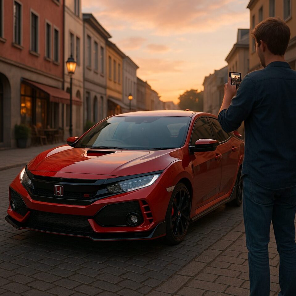 夕暮れ時、街角に停められた赤いHondaシビックタイプR（FK2型）。セラミックコーティングによる濡れたような艶が街並みを映し出し、オーナーがスマホで撮影している。