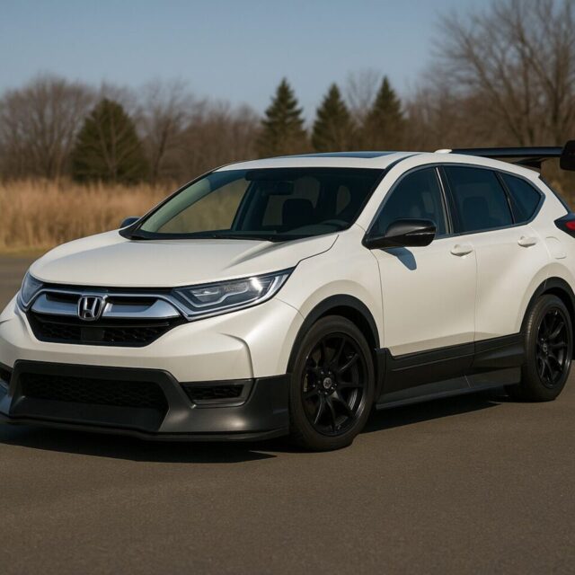  白のホンダCR-V、アフターマーケットのエアロパーツでスポーティに仕上げられたカスタムSUV。背景は青空と黄金色の草原が広がり、車のシャープなラインと力強い存在感が際立っている。