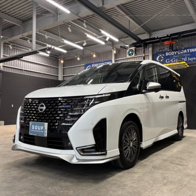 新車ニッサン セレナオーテック（SFNC28）に、SystemX Diamond SSセラミックコーティングを施工。徳島県三好市のカーコーティング専門店SOUPによる、深い艶と耐久性を兼ね備えたラグジュアリーな仕上がり。