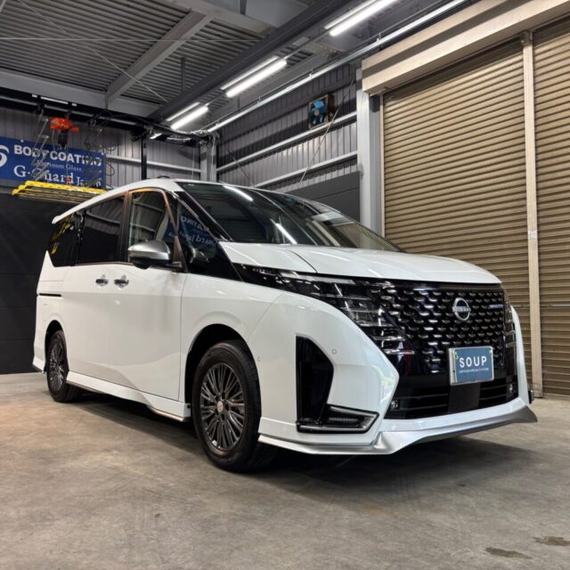新車ニッサン セレナオーテック（SFNC28）に、SystemX Diamond SSセラミックコーティングを施工。徳島県三好市のカーコーティング専門店SOUPによる、深い艶と耐久性を兼ね備えたラグジュアリーな仕上がり。
